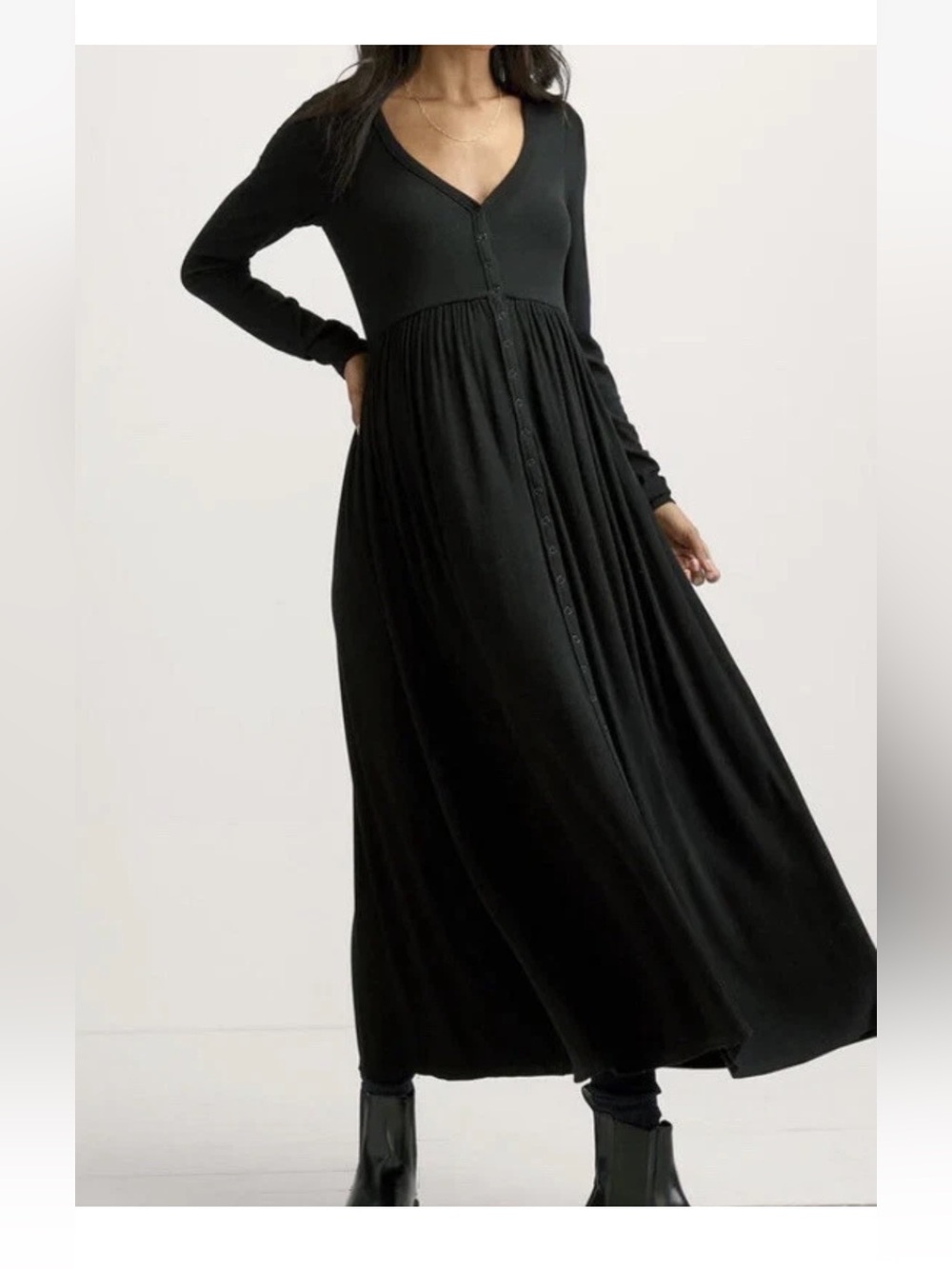 Hatch Black V‑Neck Button Maxi Dress